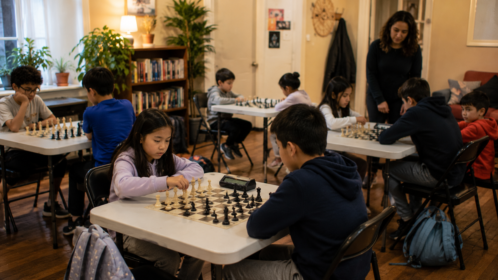 Kids playing chess at a Chess Advance Friday rated event in Brooklyn