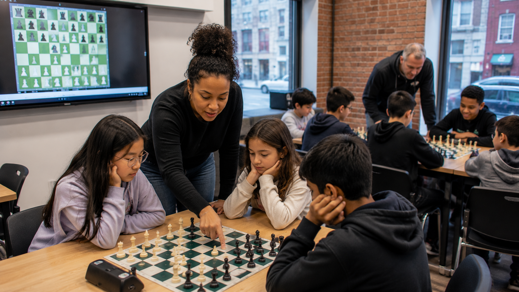 Coach and students at a Chess Max Academy classroom in New York City