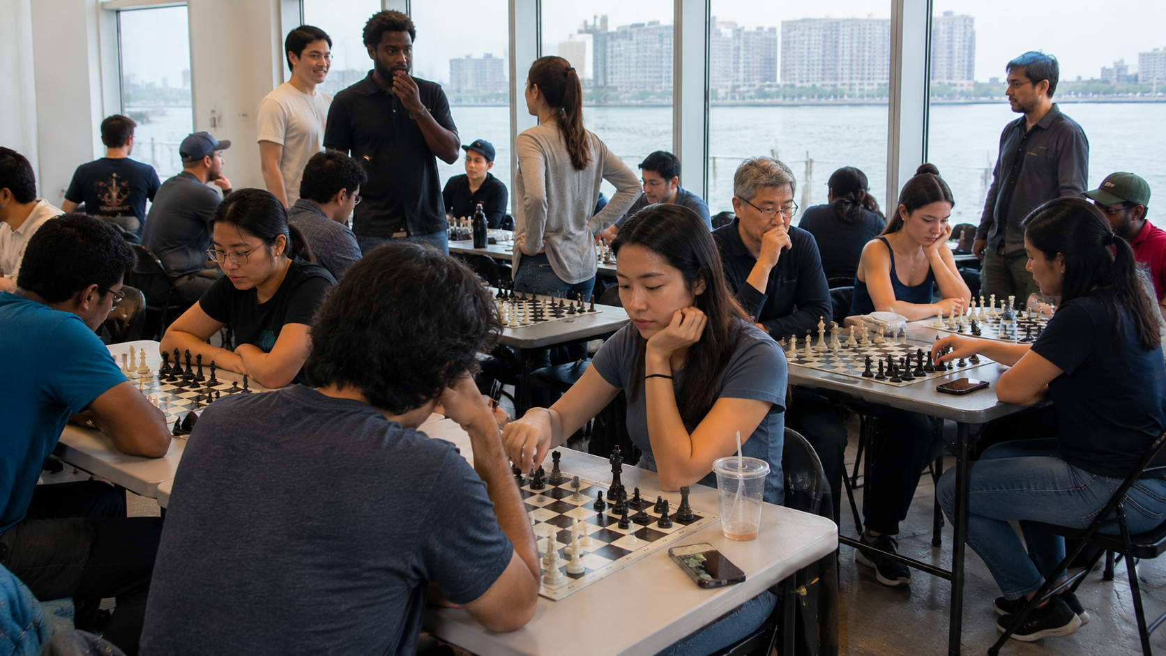 A diverse group of adults playing chess together at a casual Saturday meetup in a bright indoor space