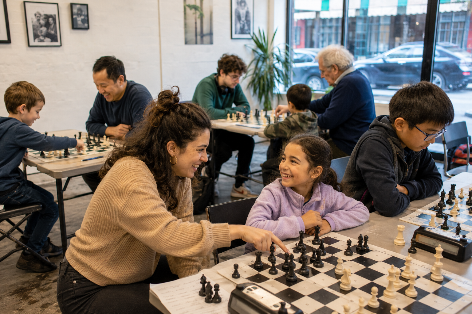 Coach and students playing chess together at ChessNYC