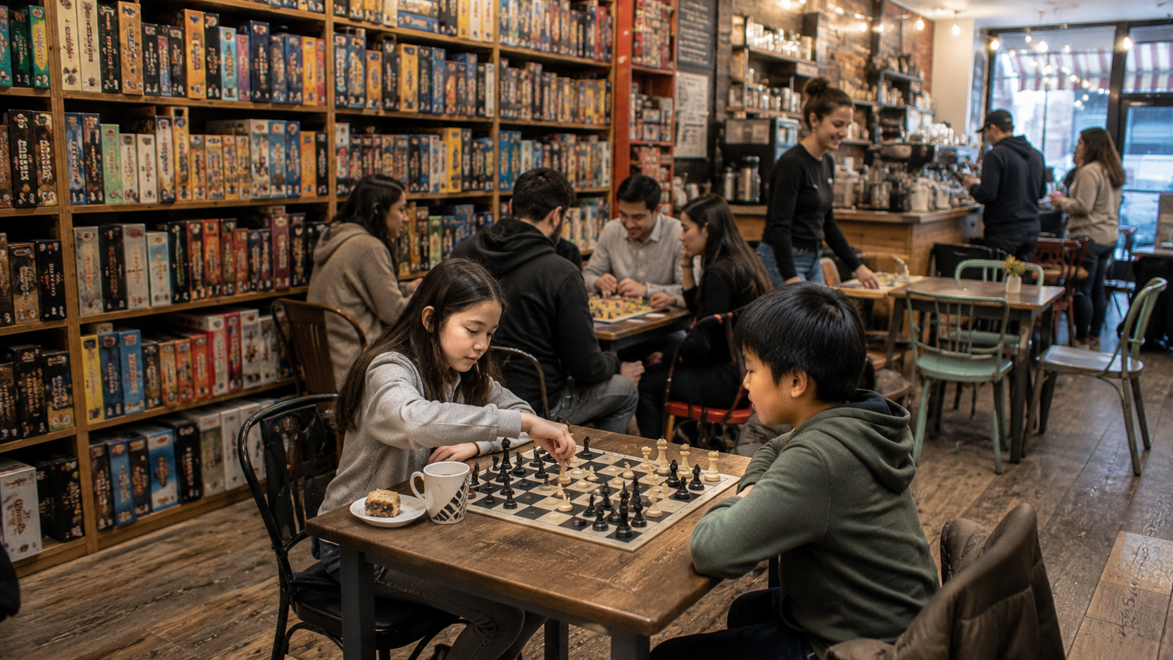 Kids playing chess at The Brooklyn Strategist board game cafe