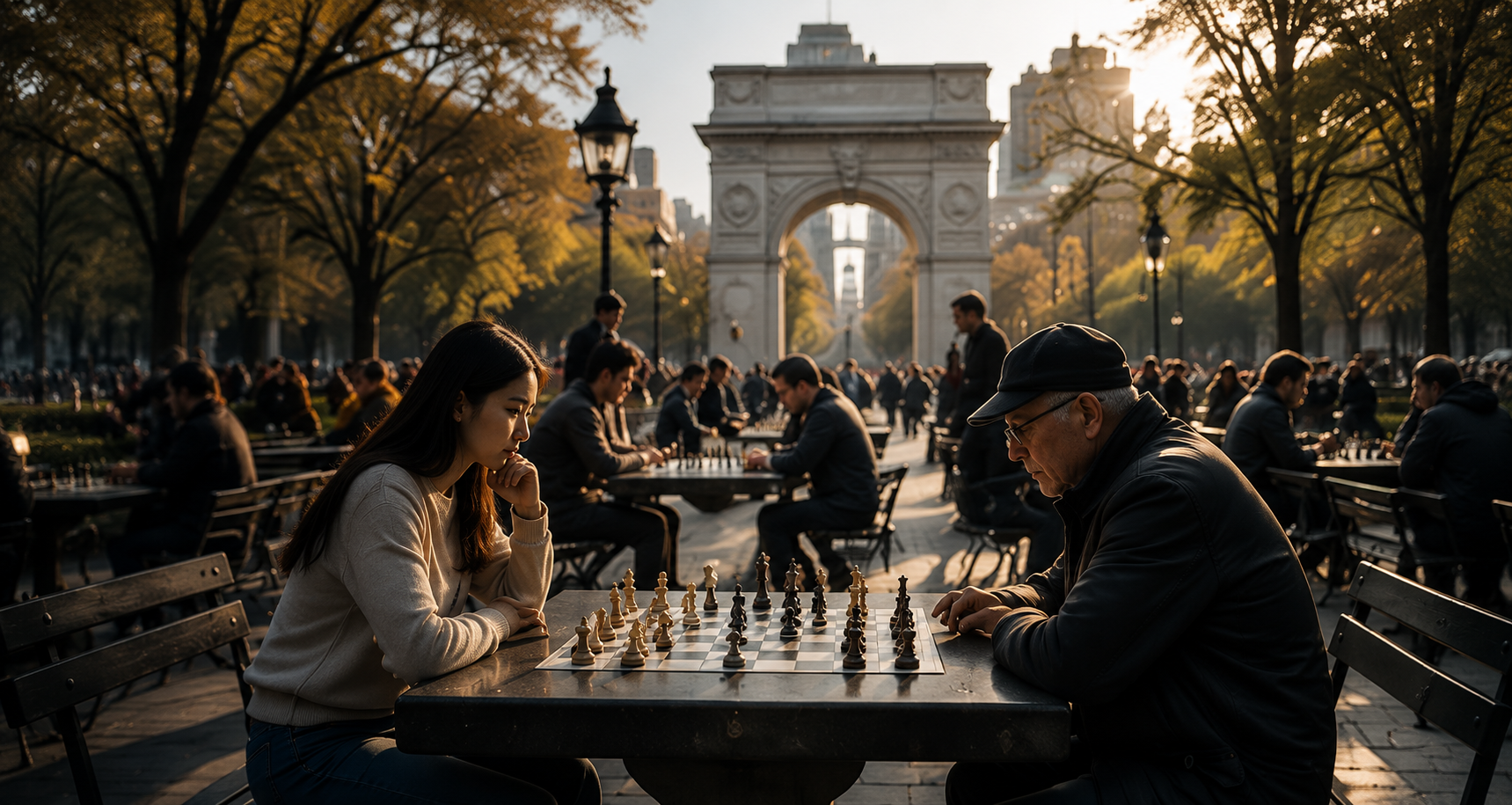 Chess pieces with New York City skyline