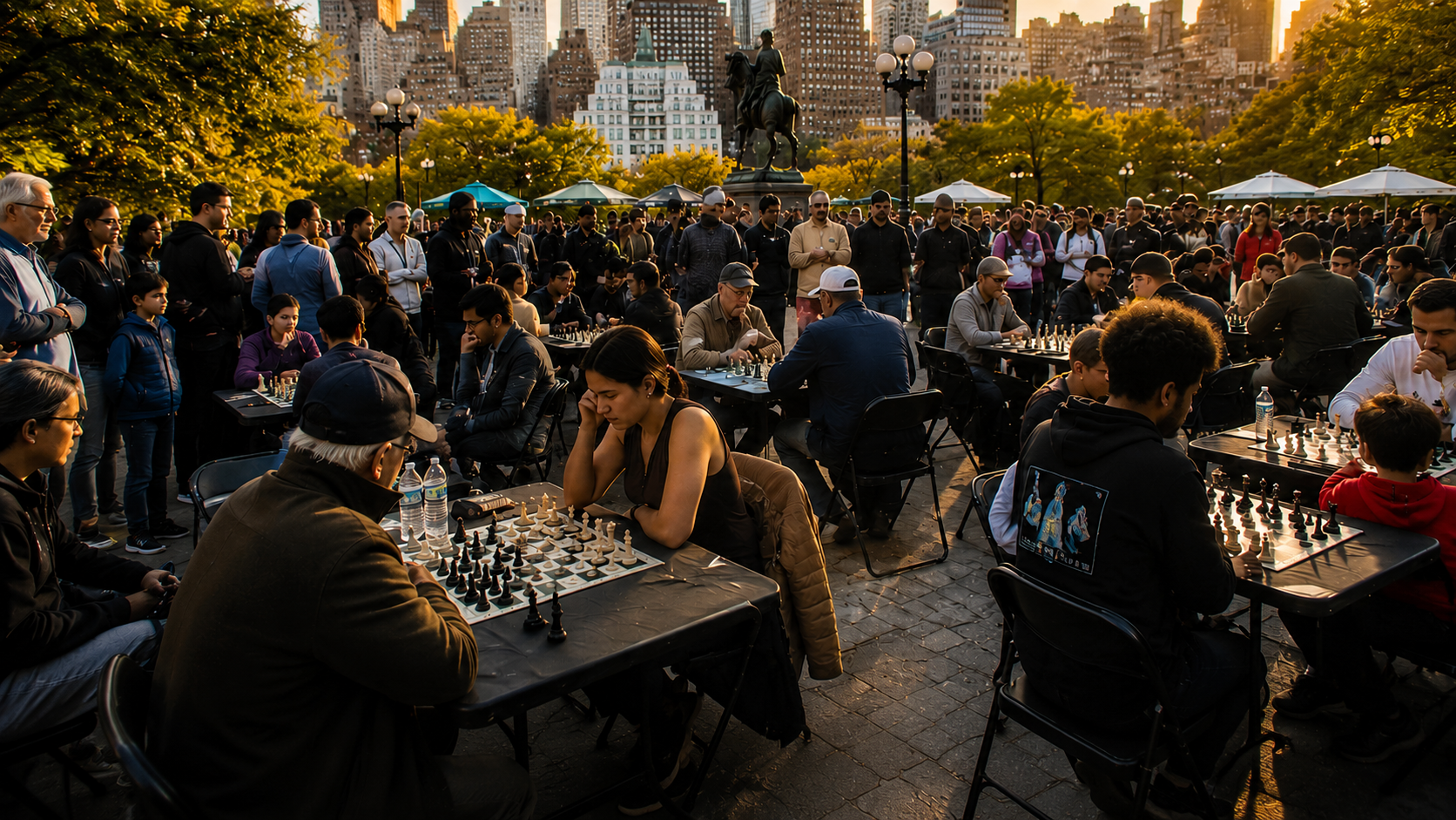 Players and spectators at outdoor chess tables in a New York City park at sunset