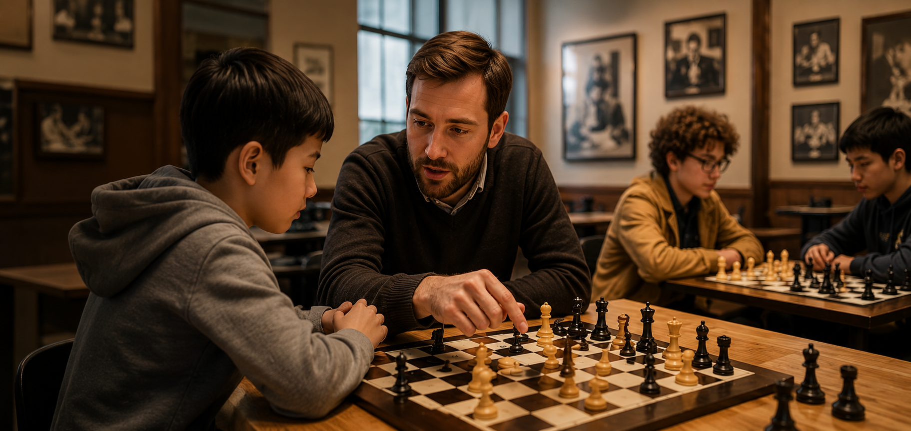 Chess players and coach at a lesson in New York City
