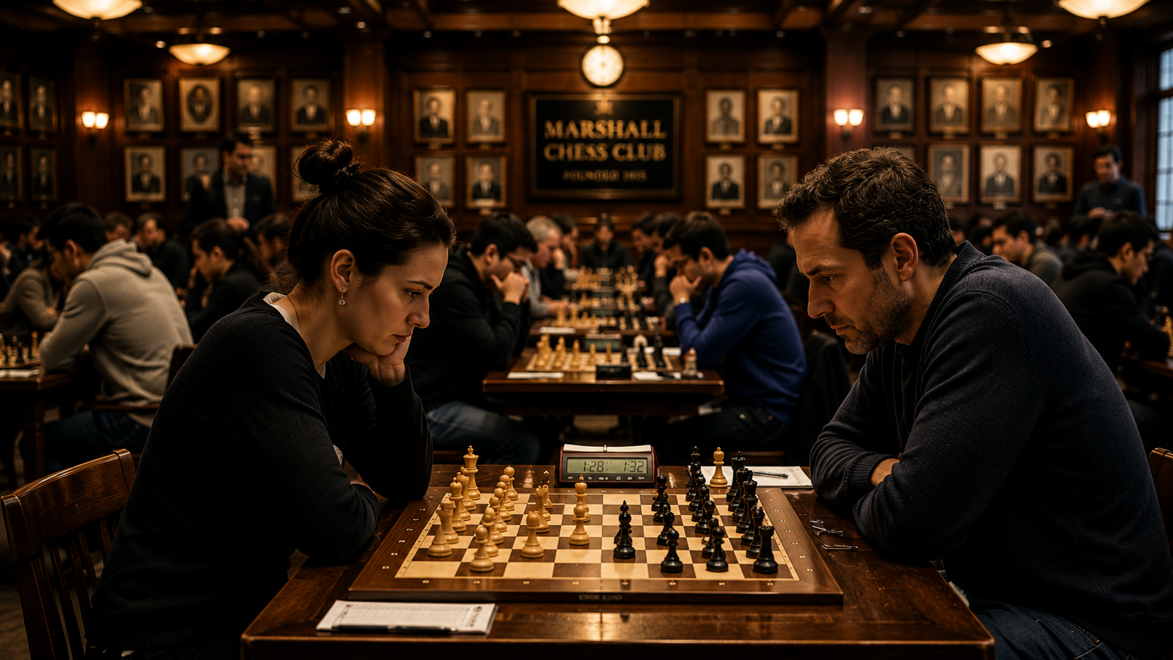 A woman and a man facing each other in a chess tournament at the Marshall Chess Club, New York City