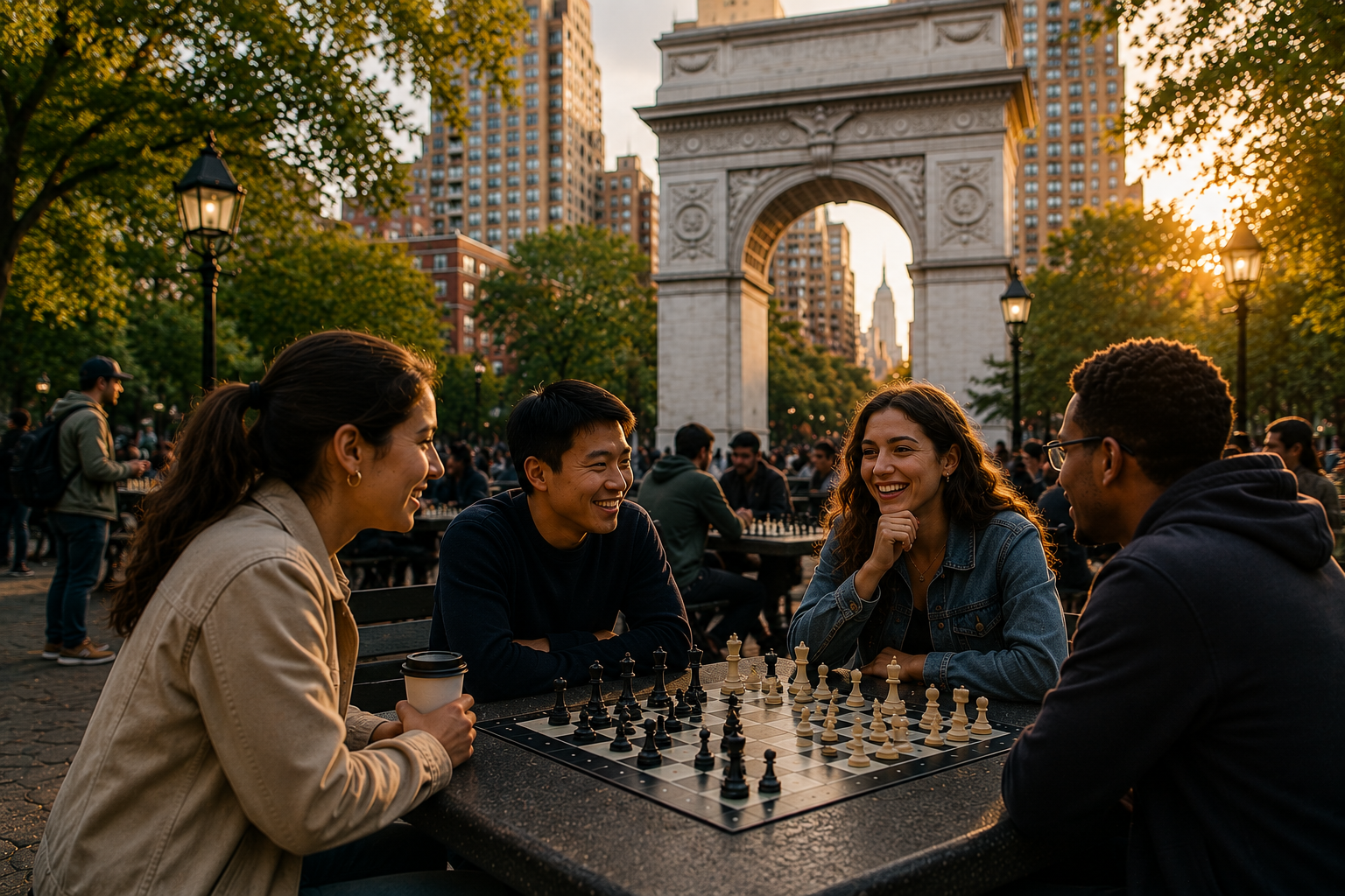 Chess pieces on a board at Washington Square Park, New York City