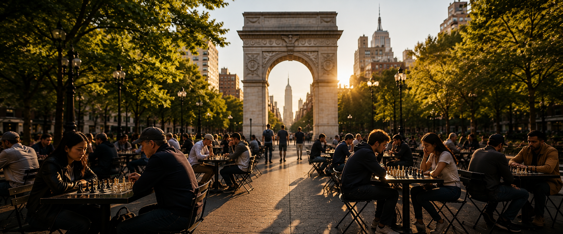 Chess players at tables near the Washington Square Arch at sunset, New York City
